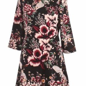 NICOLE MILLER Floral Crane Bird Print Fit & Flare Black Dress Women’s
